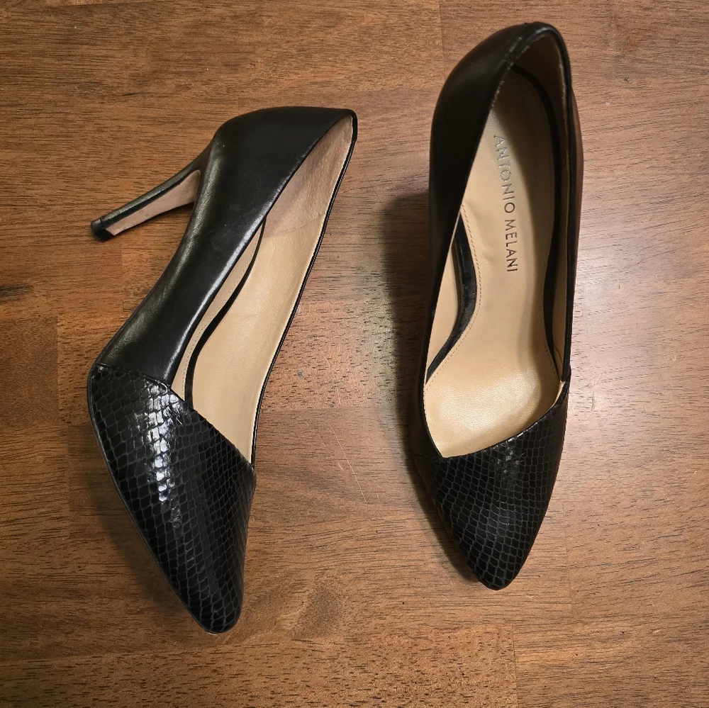ANTONIO MELANI Clarete Black Leather Heels With Asymmetrical Textured Toe - Picture 7 of 8
